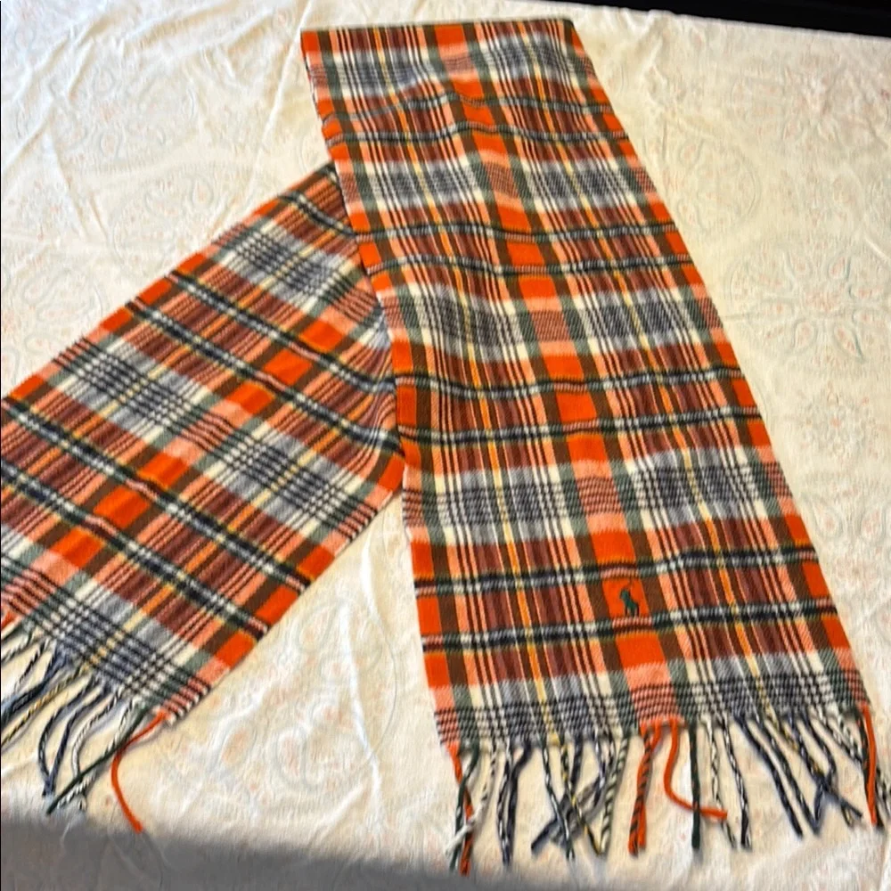 Polo Ralph Lauren Italy Ladies/Men’s Orange Plaid Wool Scarf-EUC